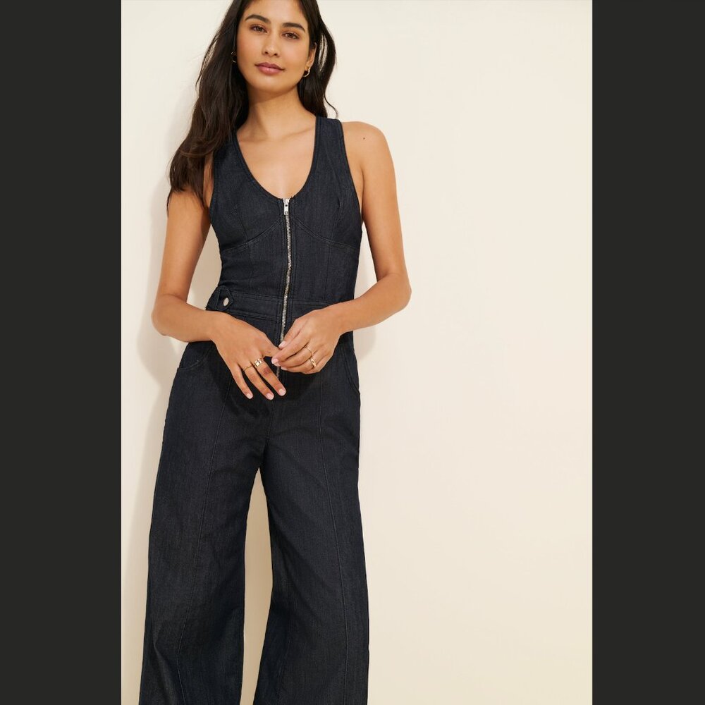 Sleeveless V-Neck Flare Denim Jumpsuit (Maeve by Anthropologie) - Picture 3 of 4